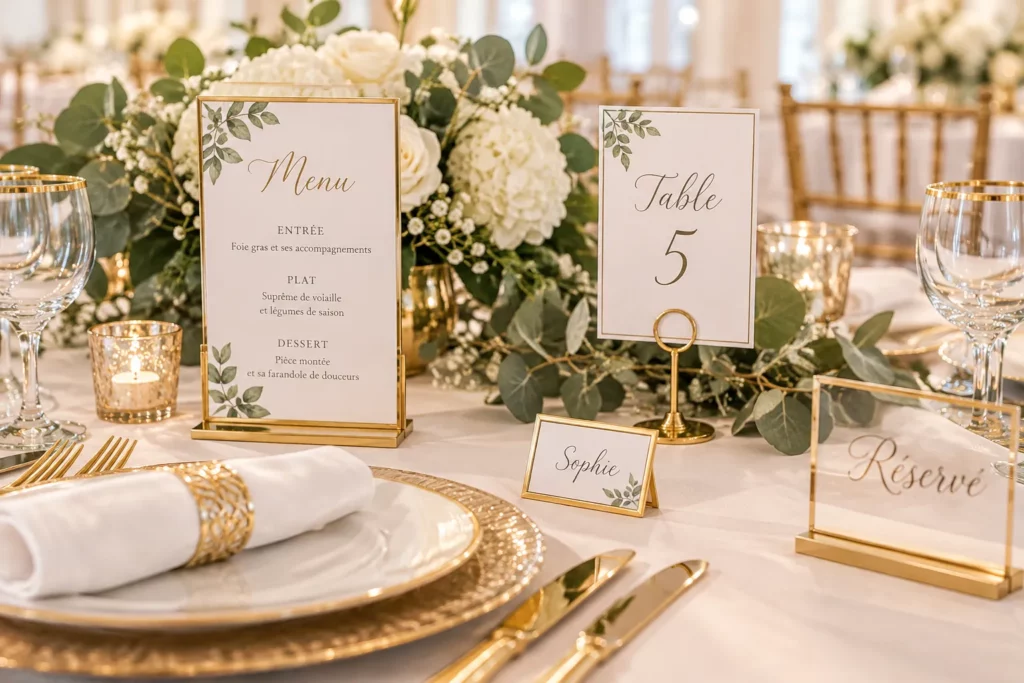 Porte-noms et porte-numéros de table pour mariage et réception.